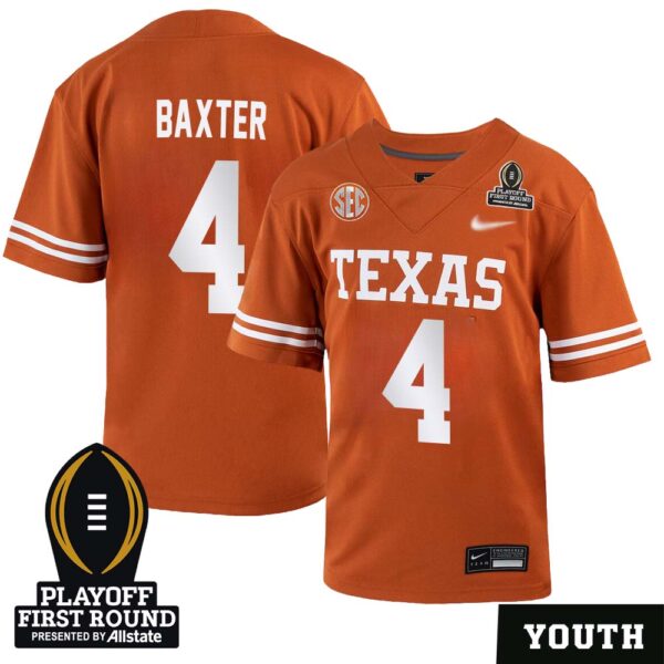 Cj Baxter No 4 Youth Cfp Texas Longhorns Playoff First Round 2025 Jersey- Replica