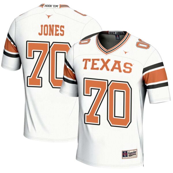 Christian Jones No 70 Men’s Gameday Greats White Texas Longhorns Nil Pick-A-Player Football Fashion Jersey