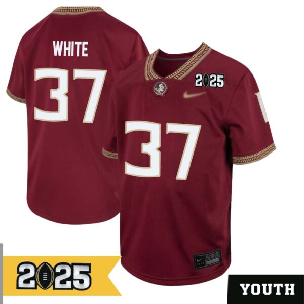 Christian White No 37 Youth Cfp Florida State Seminoles 2025 Home Game Jersey- Replica