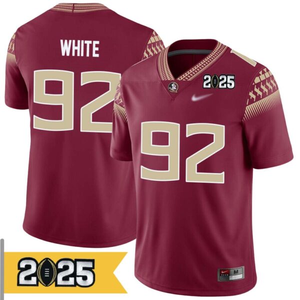 D_Nas White No 92 Men Cfp Florida State Seminoles 2025 Home Game Jersey- Replica