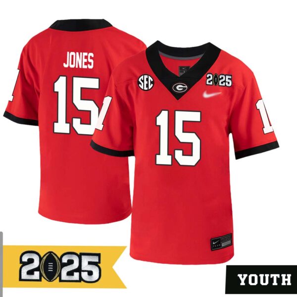 Demello Jones No 15 Youth Cfp Georgia Bulldogs 2025 Home Game Jersey- Replica