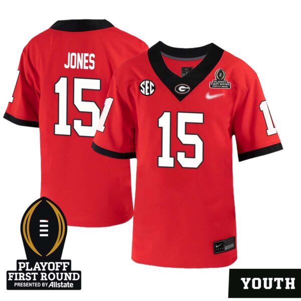 Demello Jones No 15 Youth Cfp Georgia Bulldogs Playoff First Round 2025 Jersey- Replica