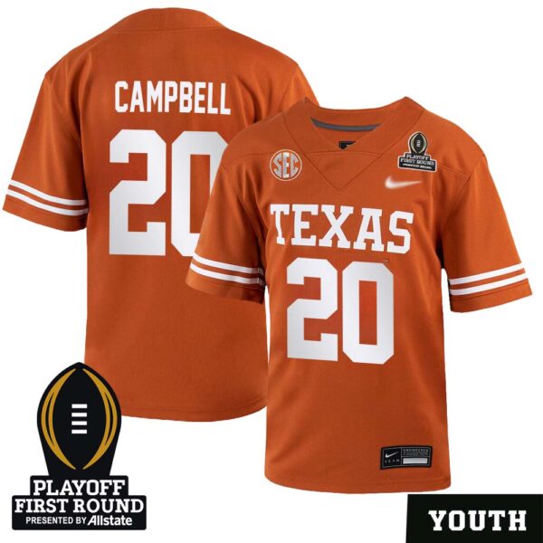 Earl Campbell No 20 Youth Cfp Texas Longhorns Playoff First Round 2025 Jersey- Replica