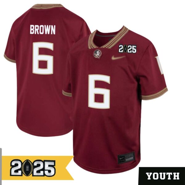 Jalen Brown No 6 Youth Cfp Florida State Seminoles 2025 Home Game Jersey- Replica