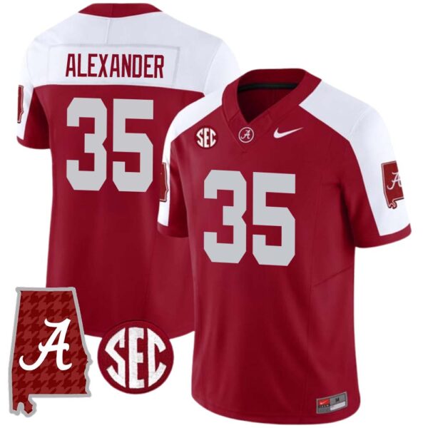 Jeremiah Alexander No 35 Men’s Alabama Crimson Sec Championship 2023 Patch Vapor Gold Football Crimson Alter