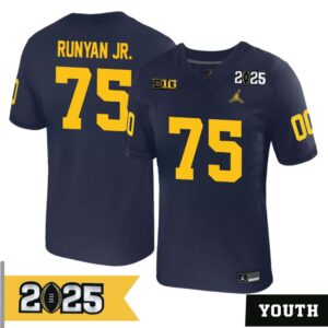 Jon Runyan Jr. No 75 Youth CFP Michigan Wolverines 2025 Home Game Jersey- Replica