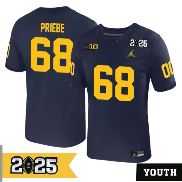Josh Priebe No 68 Youth Cfp Michigan Wolverines 2025 Home Game Jersey- Replica