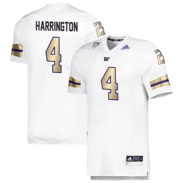 Justin Harrington No 4 Men’s Washington Huskies Adidas Husky Royalty Premier Strategy Jersey – White