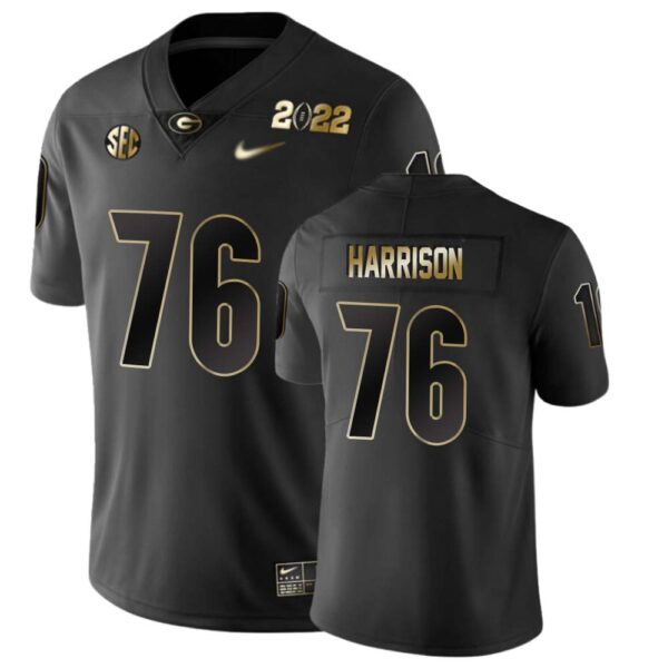 Marcus Harrison No 76 Mens Georgia Bulldogs 2021 National Champions Golden Jersey – Black