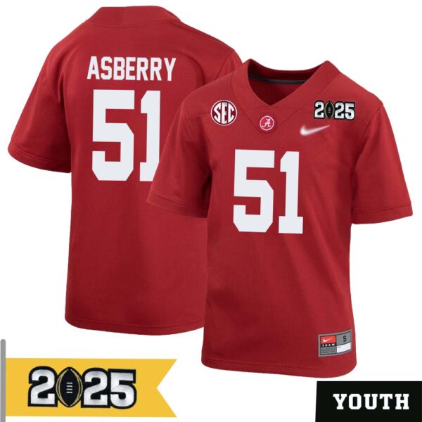 Noland Asberry No 51 Youth Cfp Alabama Crimson Tide 2025 Home Game Jersey- Replica