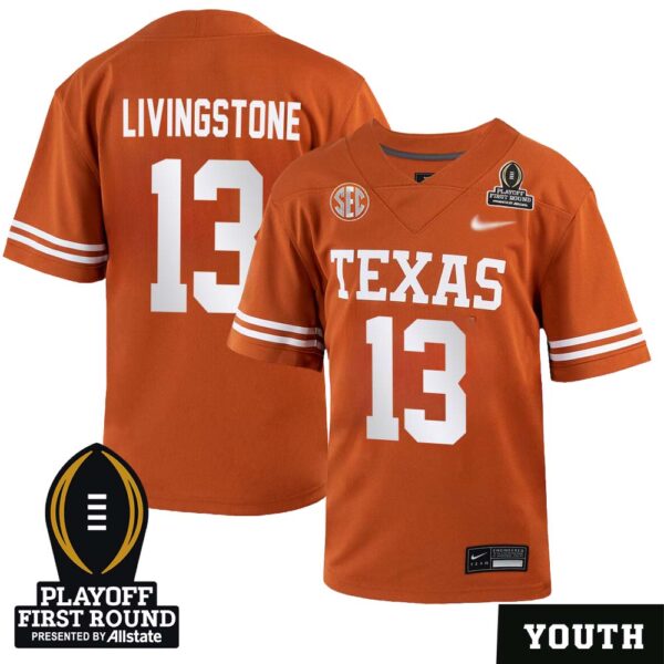Parker Livingstone No 13 Youth Cfp Texas Longhorns Playoff First Round 2025 Jersey- Replica