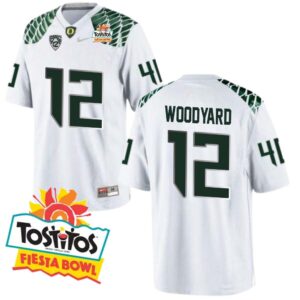 Peyton Woodyard No 12 Mens Oregon Ducks Mighty Oregon Throwback Football Uniforms Fiesta Bowl 2013 Champions Patch