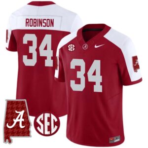 Que Robinson No 34 Men’s Alabama Crimson SEC Championship 2023 Patch Vapor Gold Football Crimson Alter