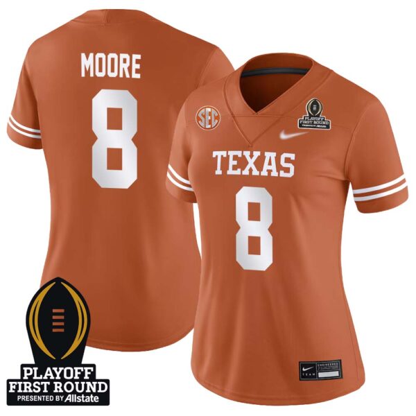 Trey Moore No 8 Woman Cfp Texas Longhorns Playoff First Round 2025 Jersey- Replica