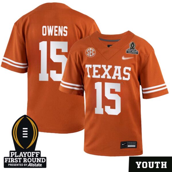 Trey Owens No 15 Youth Cfp Texas Longhorns Playoff First Round 2025 Jersey- Replica